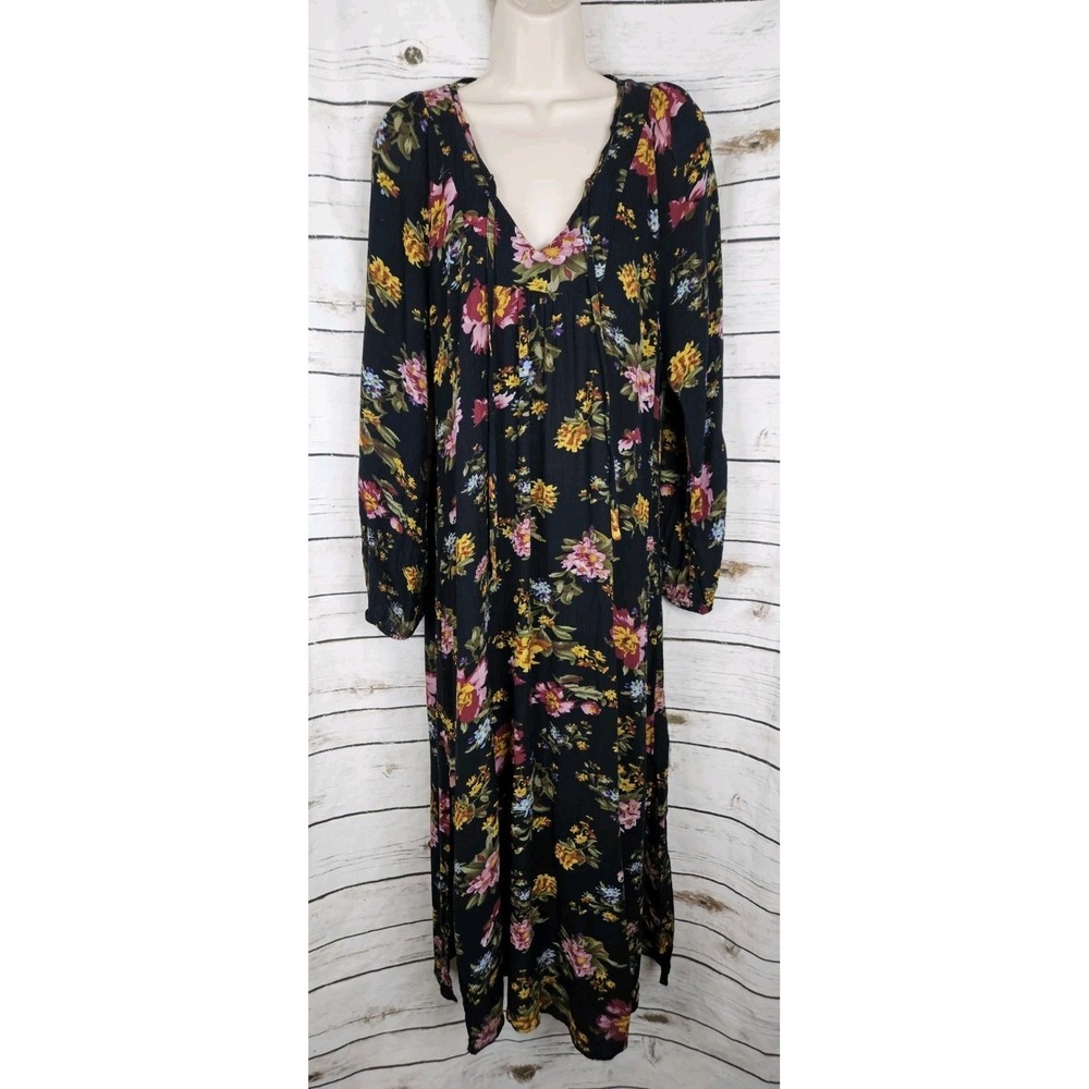 Natural Life Black Floral Midi Dress M Crinkle Rayon Cottagecore Peasant Boho
